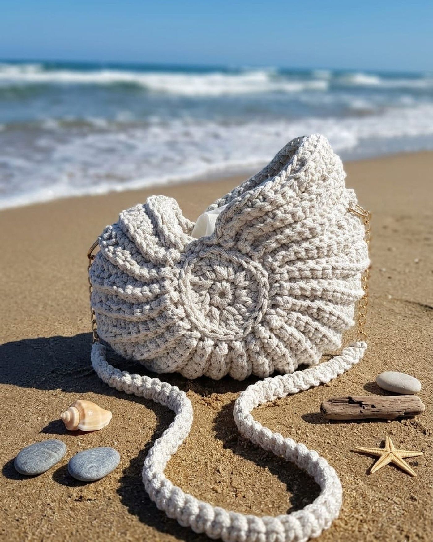 Sac en crochet écru en forme de coquillage, fait main QOFFA