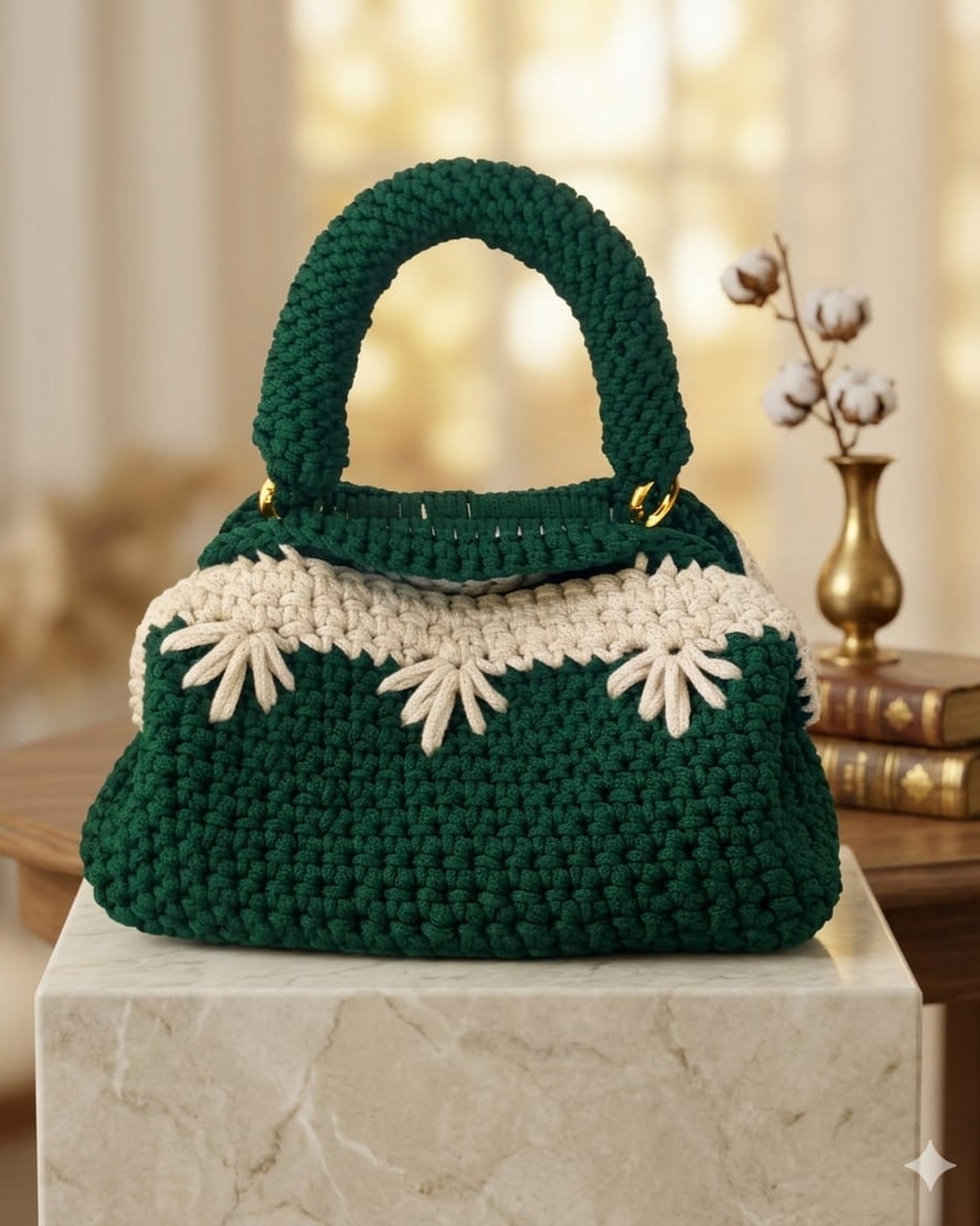 Sac en crochet vert et crème QOFFA, fait main en corde et coton naturel